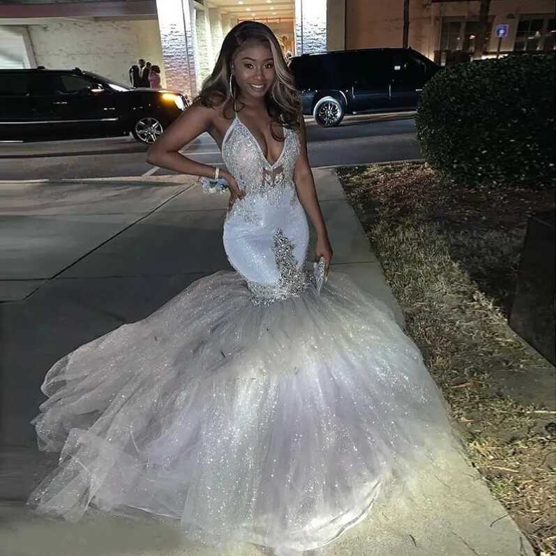 White Beaded Lace Mermaid Silver Mermaid Prom Dress With V ...