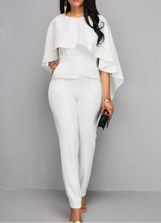 White Cape Jumpsuit Zipper Closure White Open Back Jumpsuit