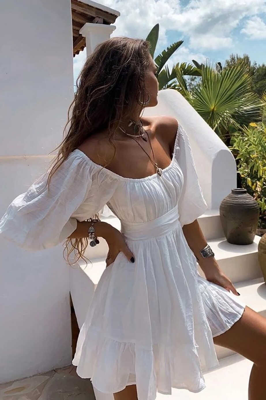 White Chic Boho Mini Dresses for Women 2022 High Waist Strapless ...