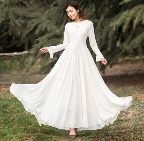 White Chiffon Dress, Long Sleeve Bohemian Swing Chiffon Dress ...