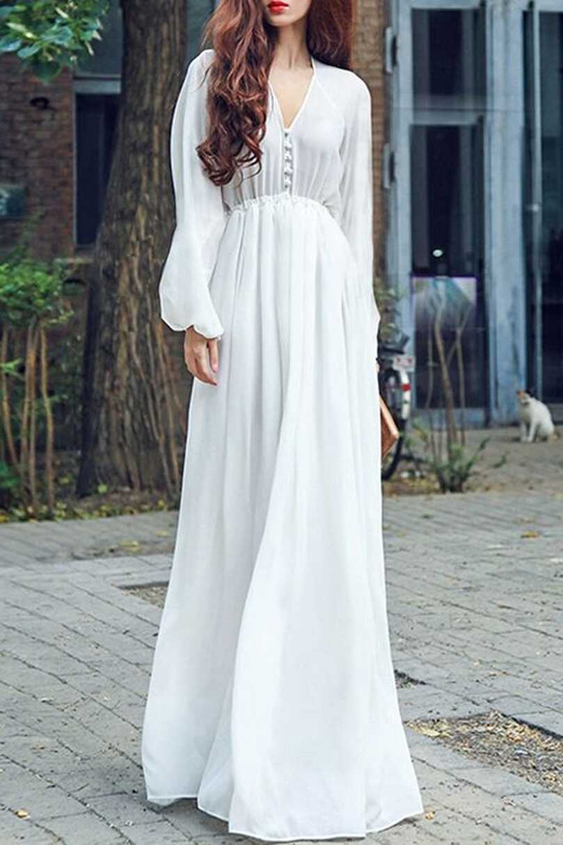 White Chiffon Plunging Neck Long Sleeve Maxi Dress WHITE