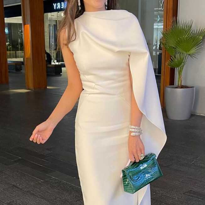 White Classy Drape Sleeves Midi Evening Dress – Little Lala Boutique