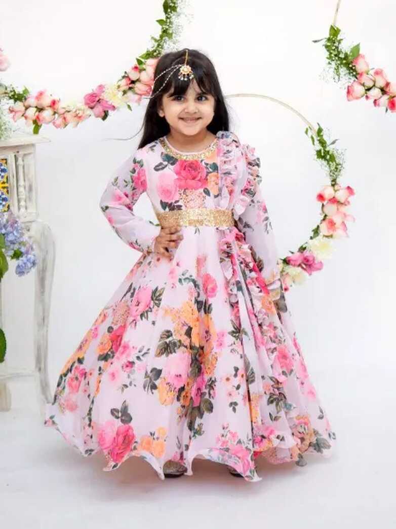 White Color Kids Gown With Digital Print in Georgette Fabric and ...