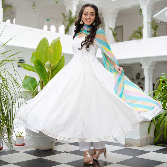 White Cotton Anarkali Set