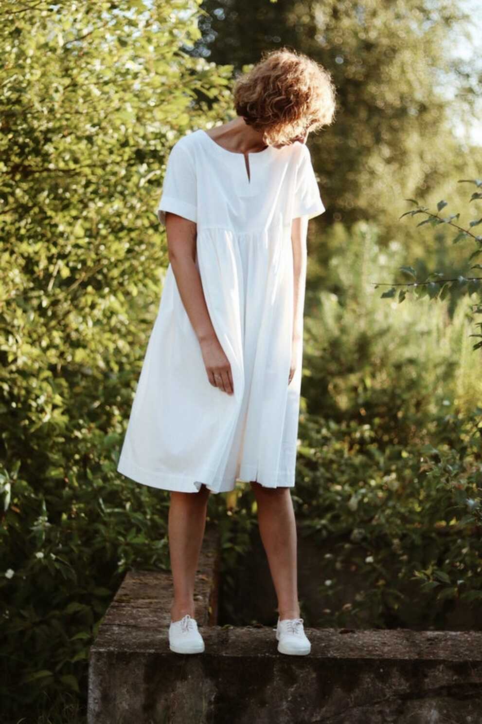 White Cotton Dress With Short Folded Sleeves / OFFON Clothing - Etsy