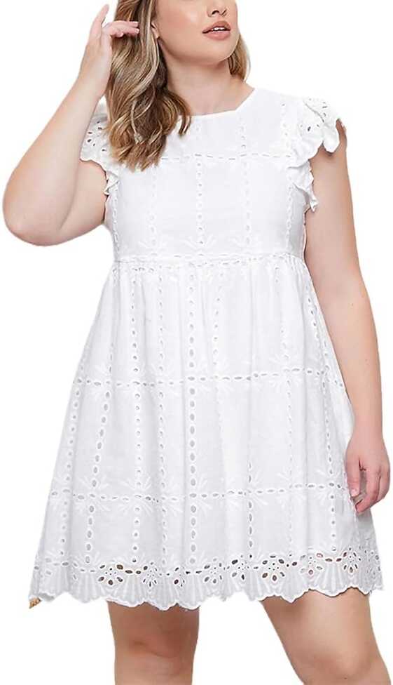 White Cotton Dress for Summer Women Ruffles Sleeve Hollow Out ...