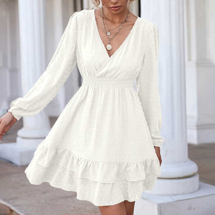 White Dress Womens Summer Short Sleeve V Neck Mini Dress Chiffon ...