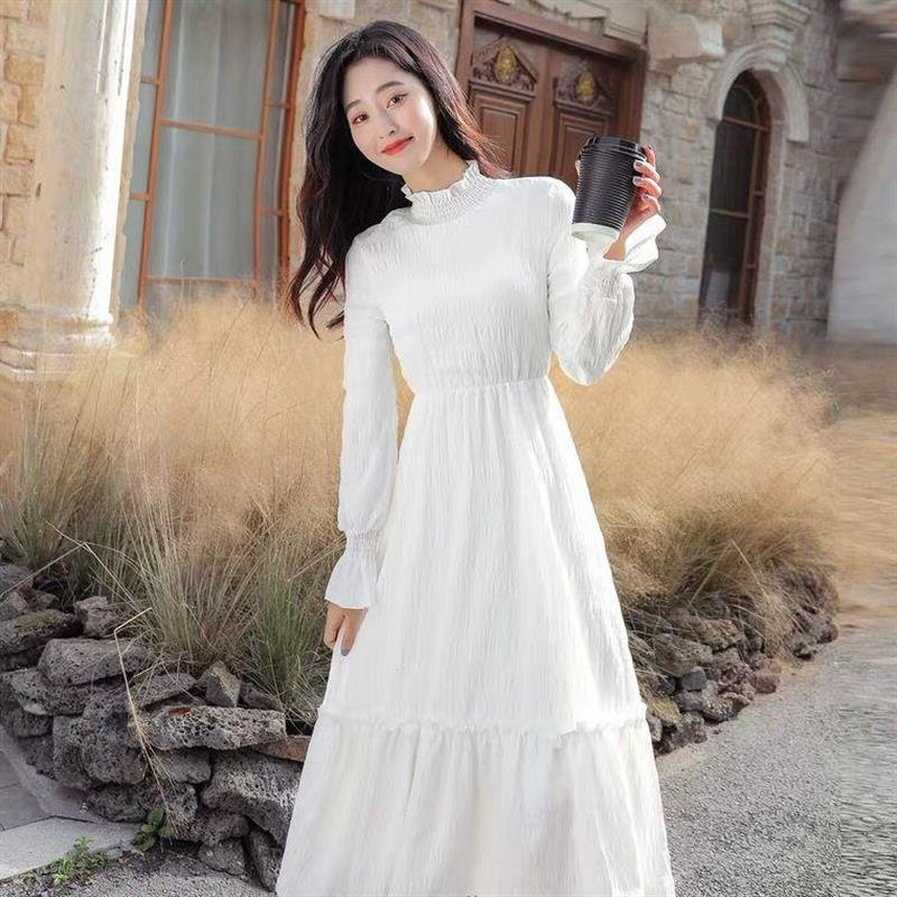 White Dress baju raya 2023 Waist Slimming Korean style Long Sleeve ...