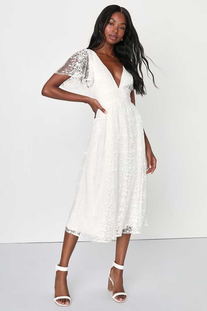 White Embroidered Midi Dress - Lacy Tulle Midi Dress - Midi Dress ...