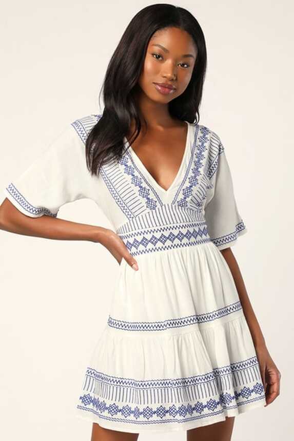 White Embroidered Mini Dress - Short Sleeve Dress - V-Neck Dress ...