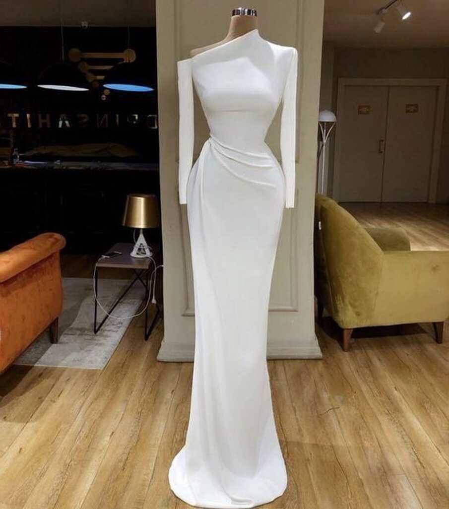 White Evening Dresses Long Sleeve Modest Simple Mermaid Elegant ...