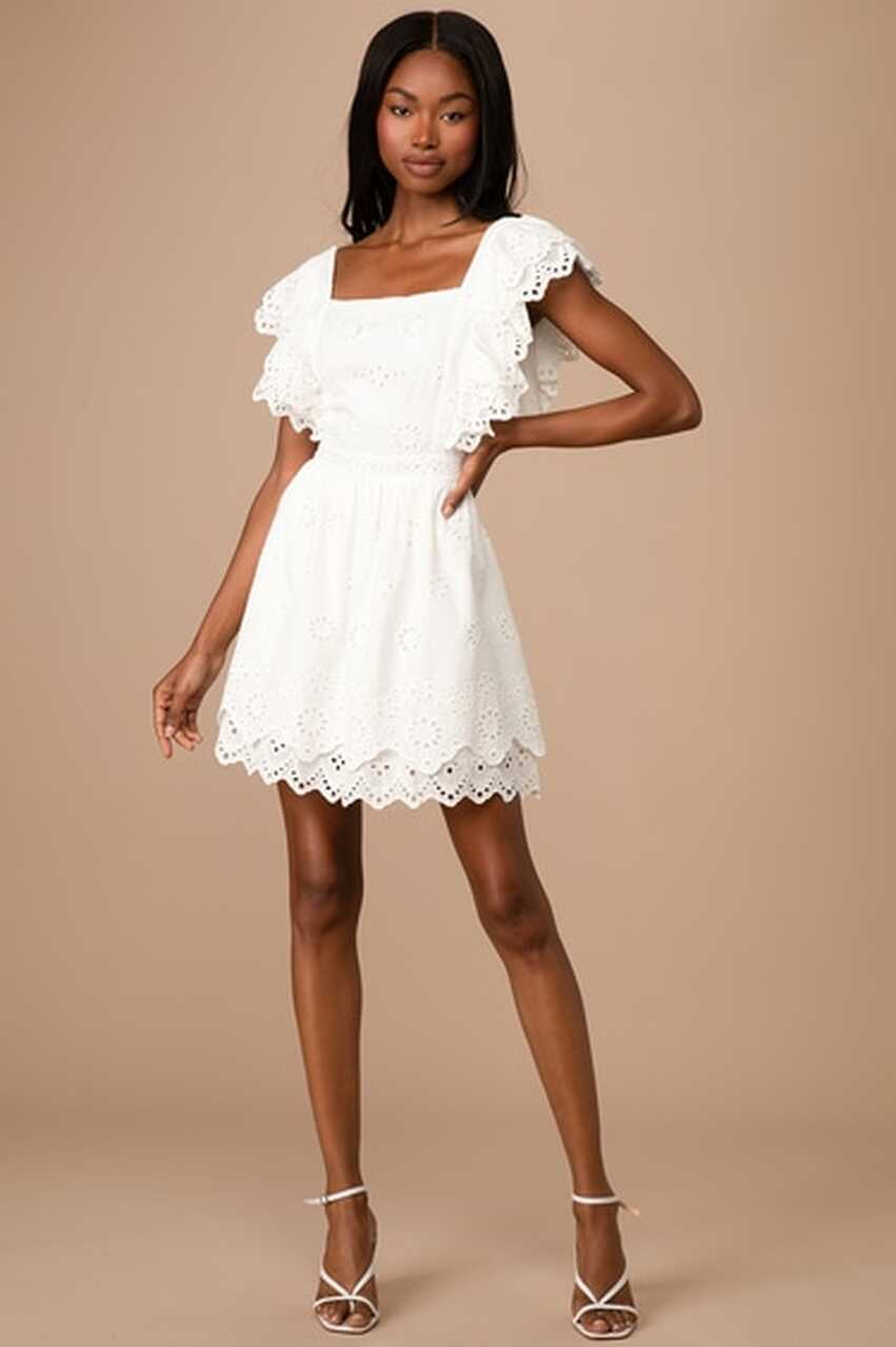 White Eyelet Lace Dress - Ruffle Mini Dress - Cotton Skater Dress ...