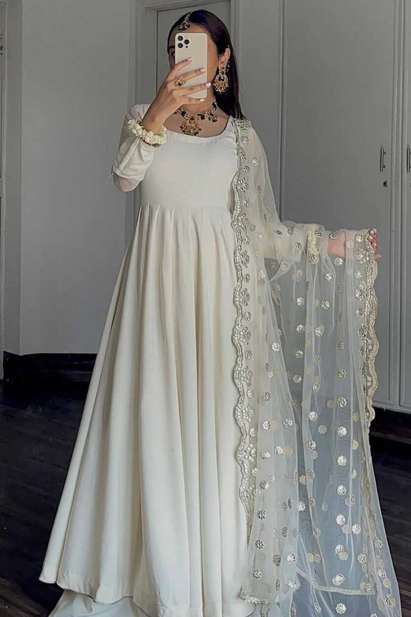 White Faux Georgette Anarkali Style Plain Gown