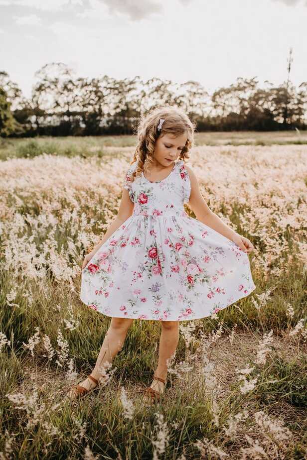 White Floral Cotton Girls Summer Dress With Flutter Sleeves ...