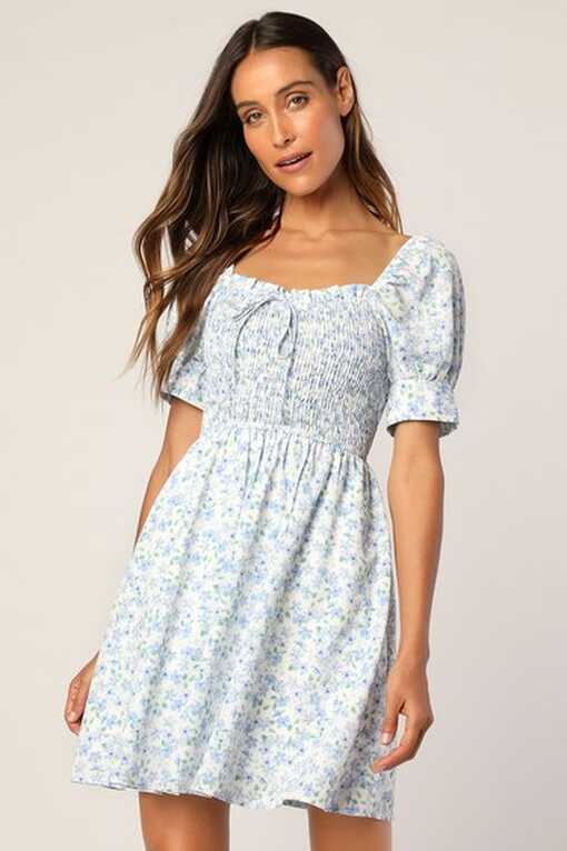 White Floral Dress - Puff Sleeve Dress - Floral Mini Dress - Lulus