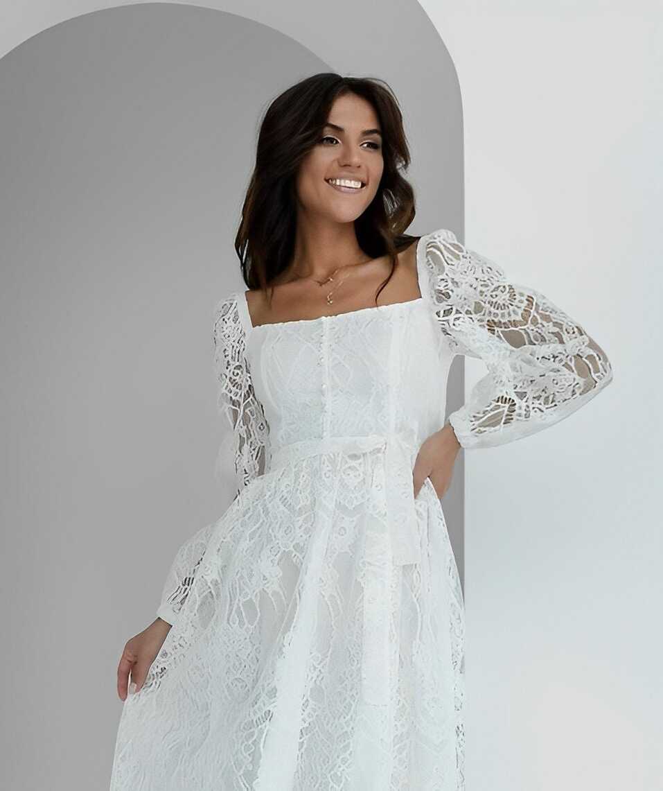 White Floral Lace Midi Dress With Long Sheer Sleeves / Lace White ...