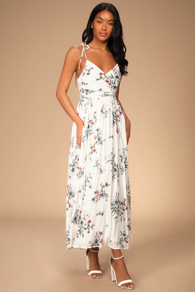 White Floral Maxi Dress - Tie-Shoulder Dress - Floral Maxi Dress ...