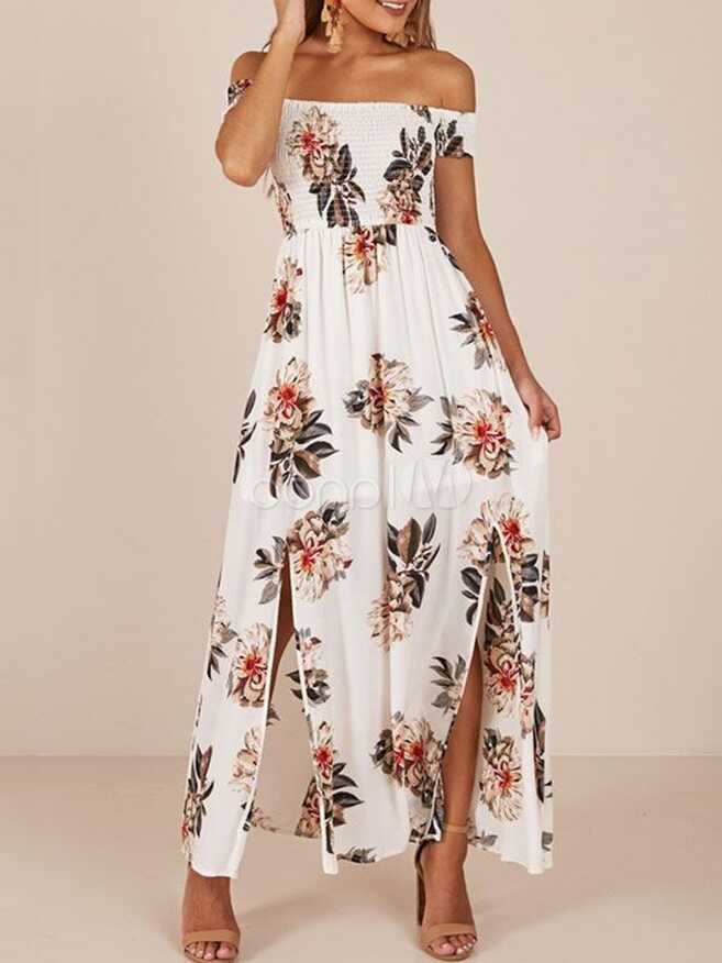 White Floral Maxi Dress Off The Shoulder Short Sleeve Split ...