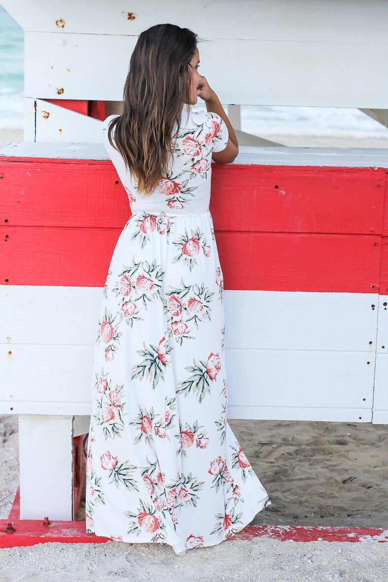 White Floral Maxi Dress with Short Sleeves | Maxi Dresses – Saved ...