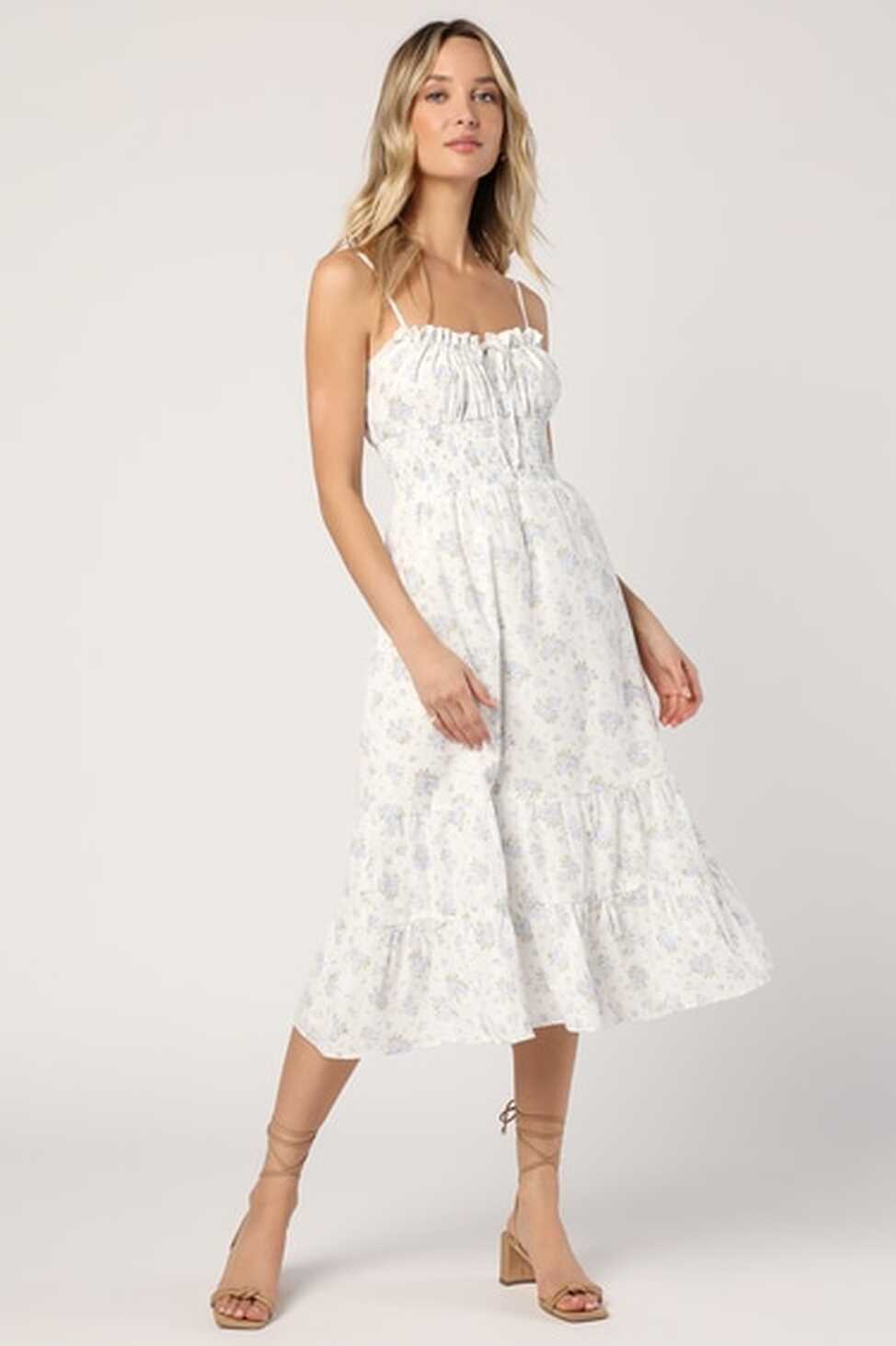 White Floral Midi Dress - Tiered Midi Dress - Empire Waist Dress ...