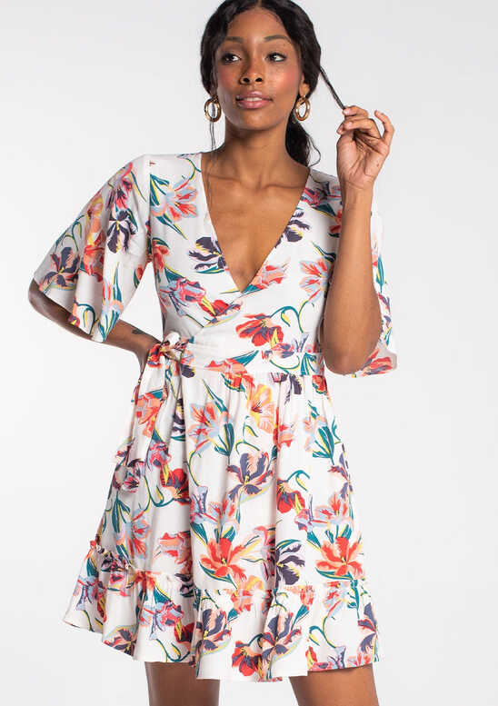 White Floral Mini Wrap Dress + Flattering Flutter Sleeves | LOVESTITCH