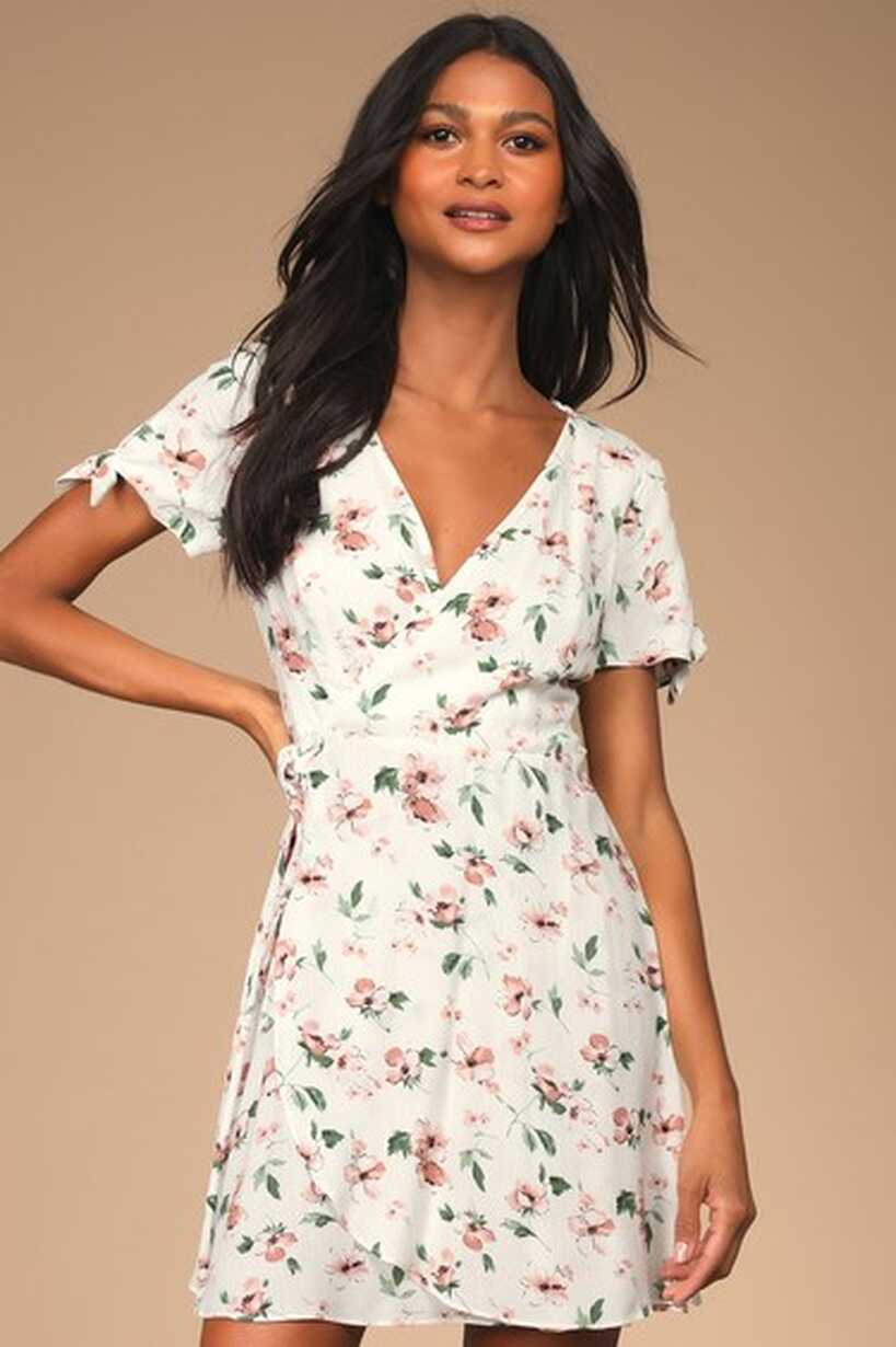 White Floral Print Dress - Wrap Dress - Short Sleeve Dress - Lulus