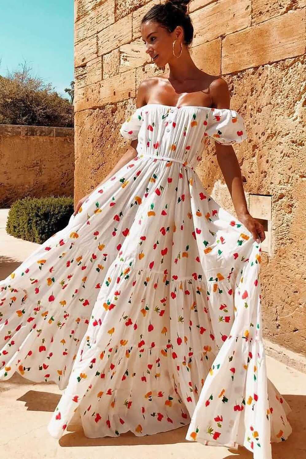 White Floral Print Off Shoulder Casual Maxi Dress