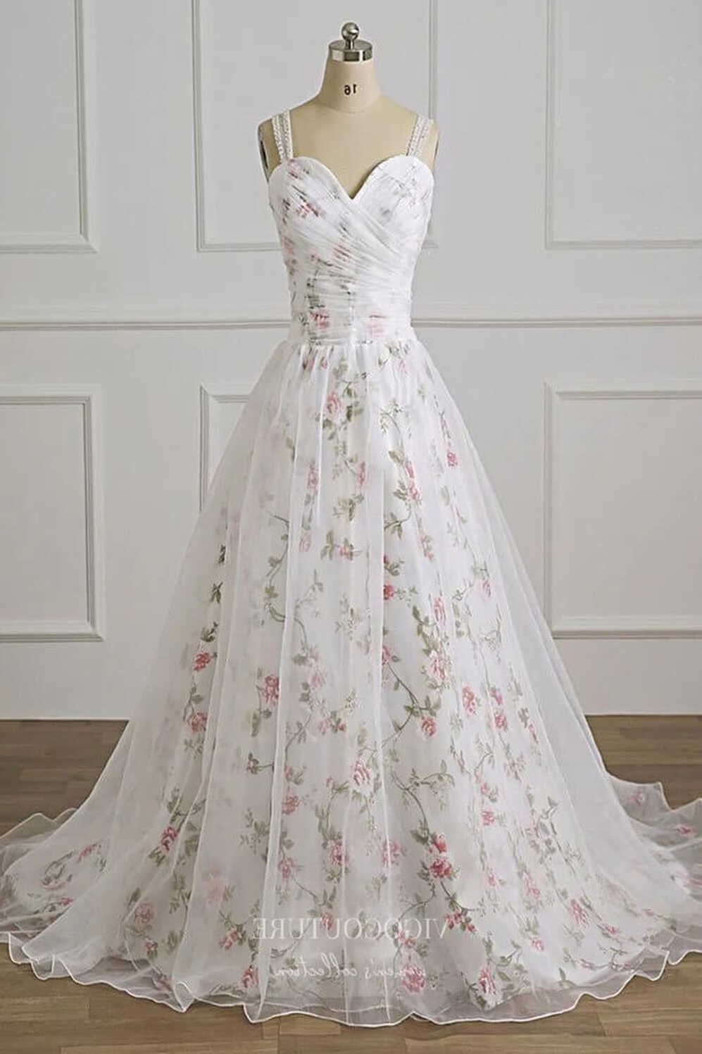 White Floral Print Prom Dresses Sweetheart Neck A-Line Evening ...