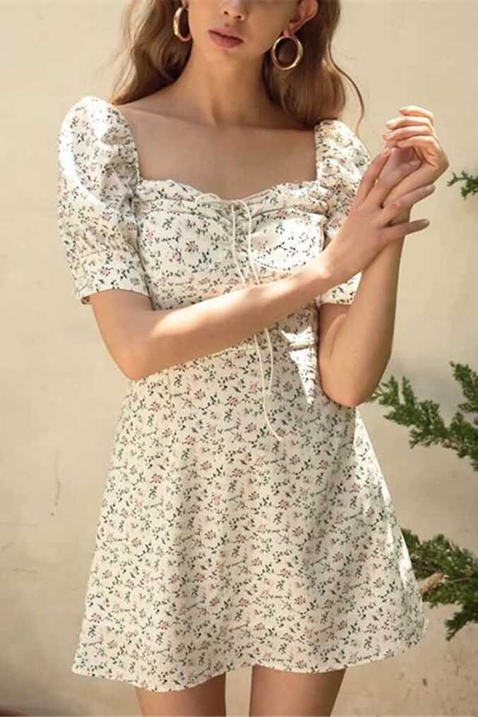 White Floral Print Square Neck Short Sleeve Drawstring Casual Dress