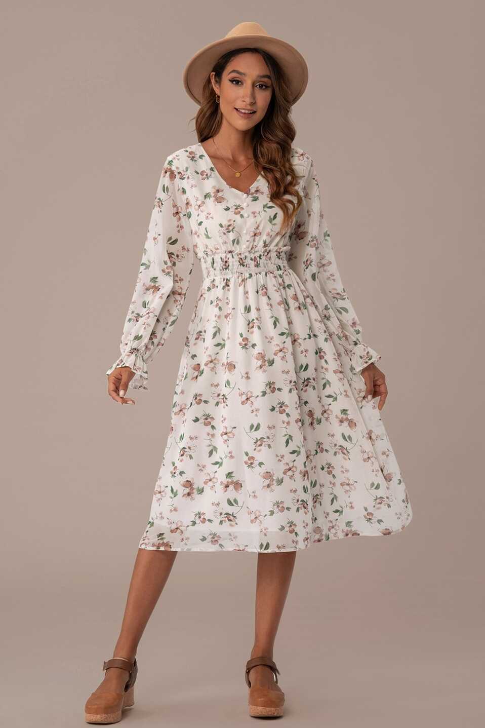 White Floral Printed Long Sleeve V Neck Holiday Midi Dress - Petallush