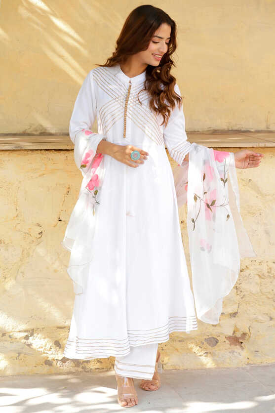 White Gota Patti Work Anarkali Plain Suit Plazzo Set – Attrangi Jaipur