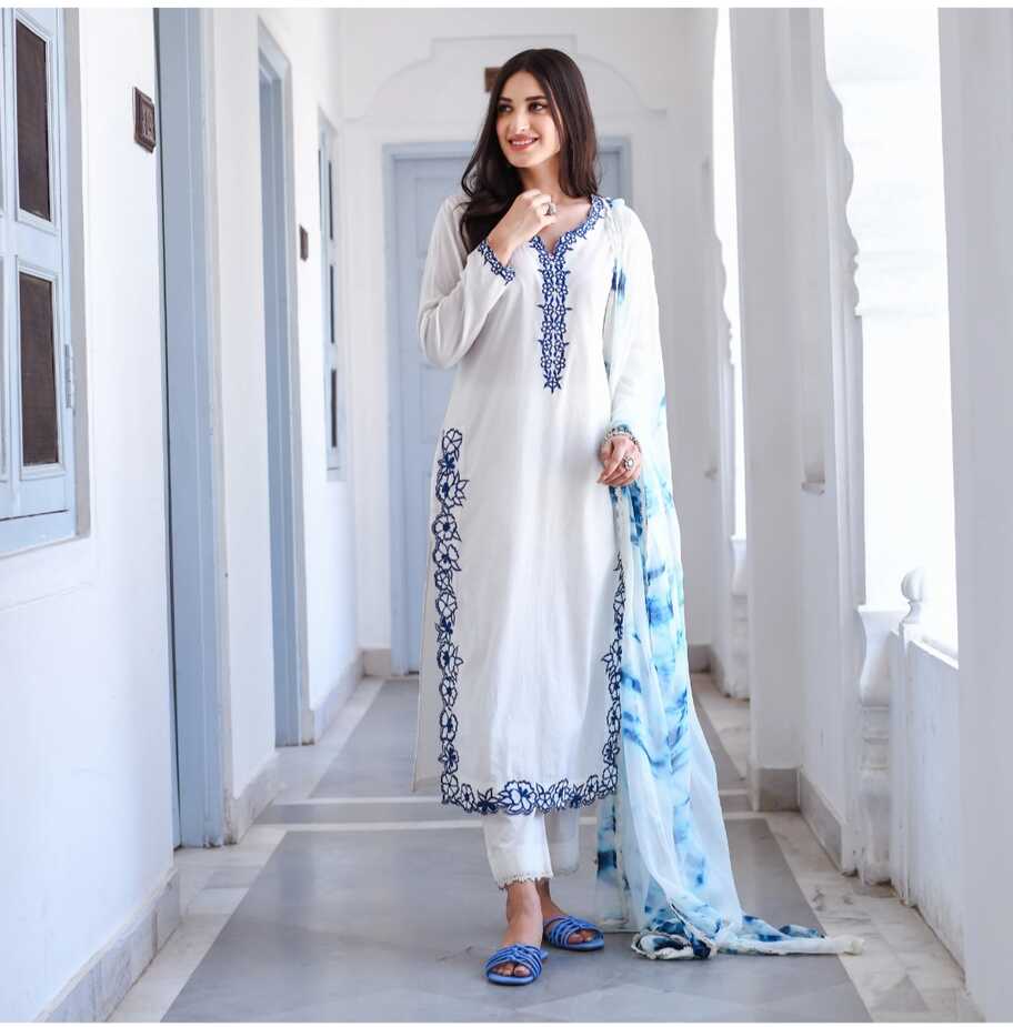 White Indian Pakistani Salwar Kameez Straight Suit Tie Dye Dupatta