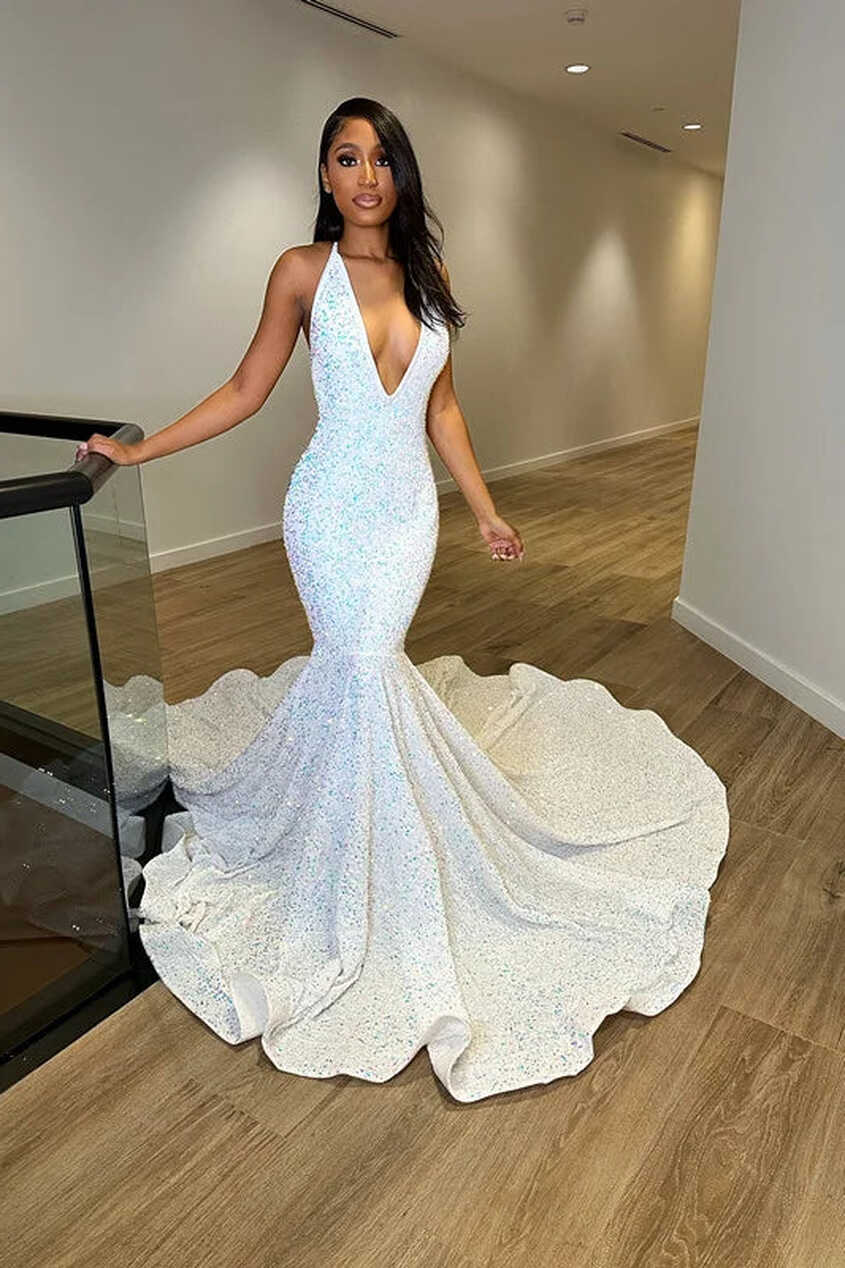 White Iridescent Sequin Prom Dress V Neck Mermaid Formal Evening ...