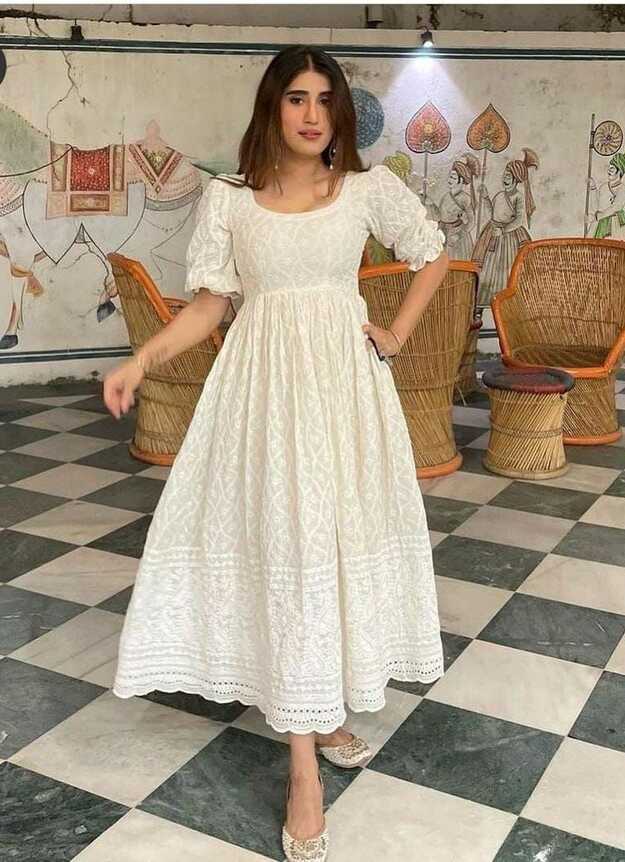 White Kurti Stitched Mini Dress Frock Heavy Bollywood Style ...