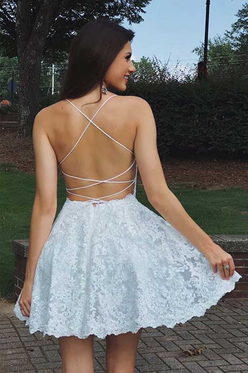 White Lace A Line Spaghetti Straps Homecoming Dress PH375 | Promnova