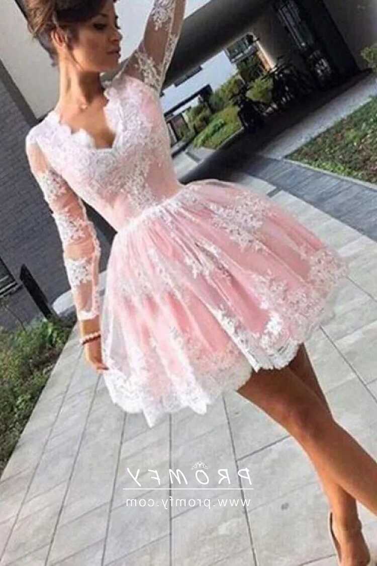 White Lace Appliqued Pink Cute Short Cocktail Gown - Promfy