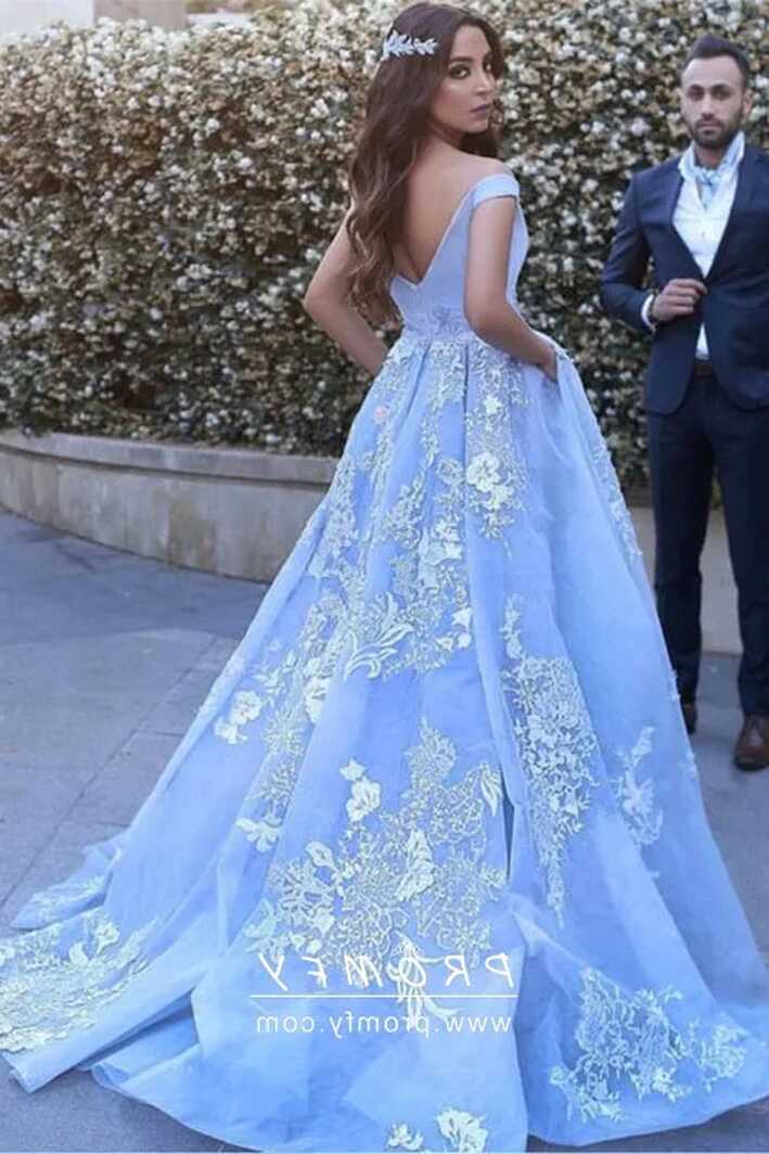 White Lace Appliqued Sky Blue Princess Ball Gown - Promfy