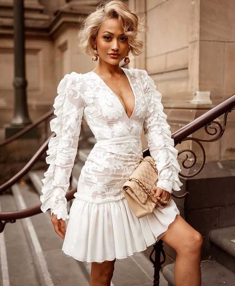 White Lace Cocktail Dresses V Neck Ruffles Dresses Elegant Evening ...