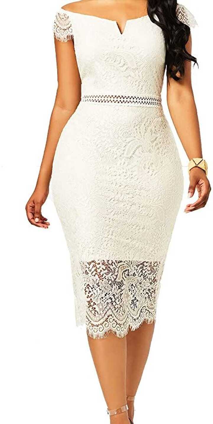 White Lace Dress Women&#39;s Elegant Round Neck Floral Lace Short ...