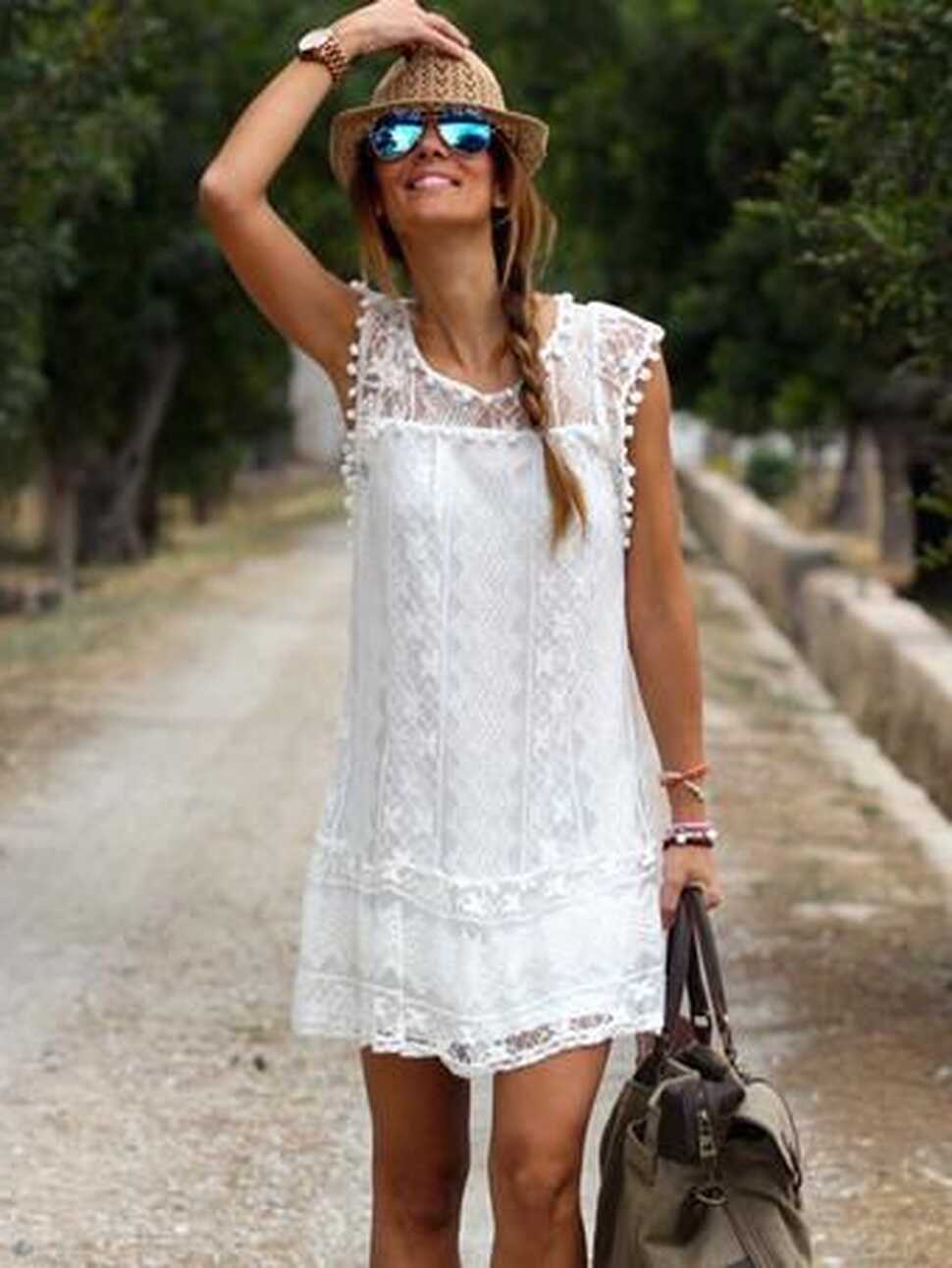 White Lace Sheer Sleeveless Tunic Short Summer Dress - Milanoo.com