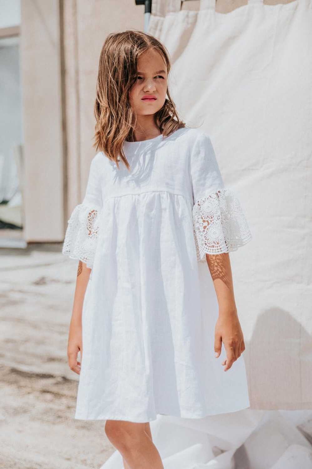 White Linen Flower Girl Dress, Bell Sleeve Flowy Dress, Knee ...