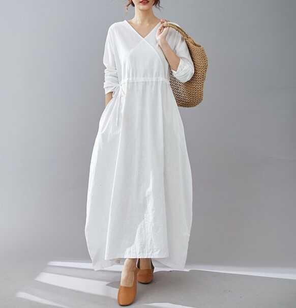 White Linen Maxi Dress, Casual Long Sleeves Maternity Dress ...