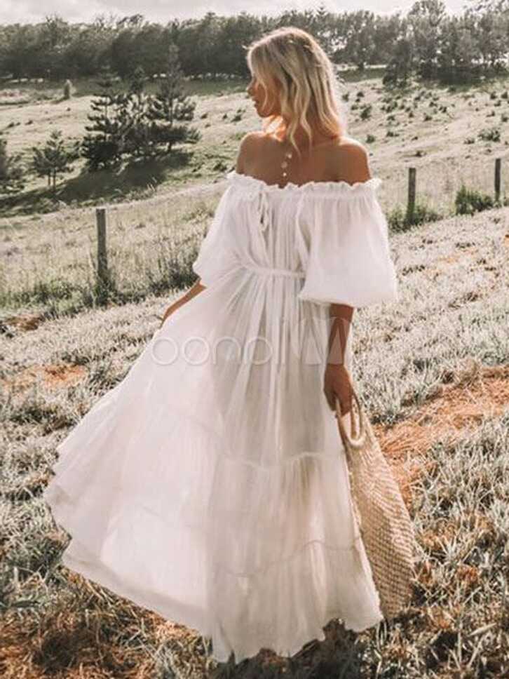 White Long Dress Boho Maxi Dress Off The Shoulder Half Sleeve ...