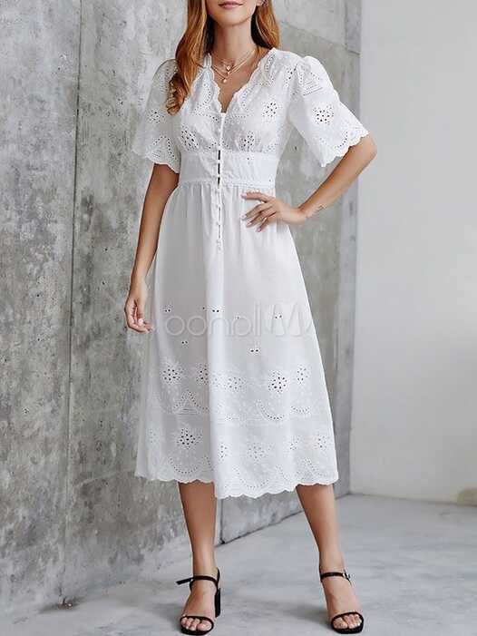 White Long Dress Cotton Eyelet Embroidered Half Sleeves V Neck ...