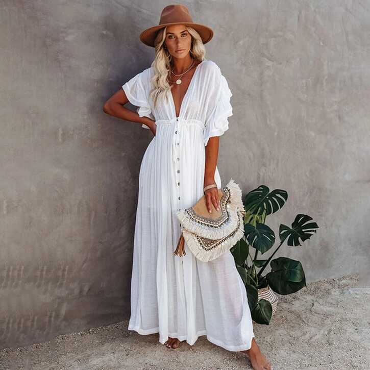 White Long Dress Elegant Women Summer Cover-Ups Vacation Beach Sun ...