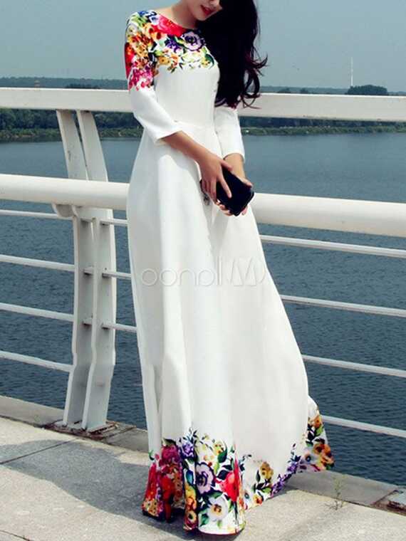 White Long Dress Long Sleeve Floral Maxi Dress