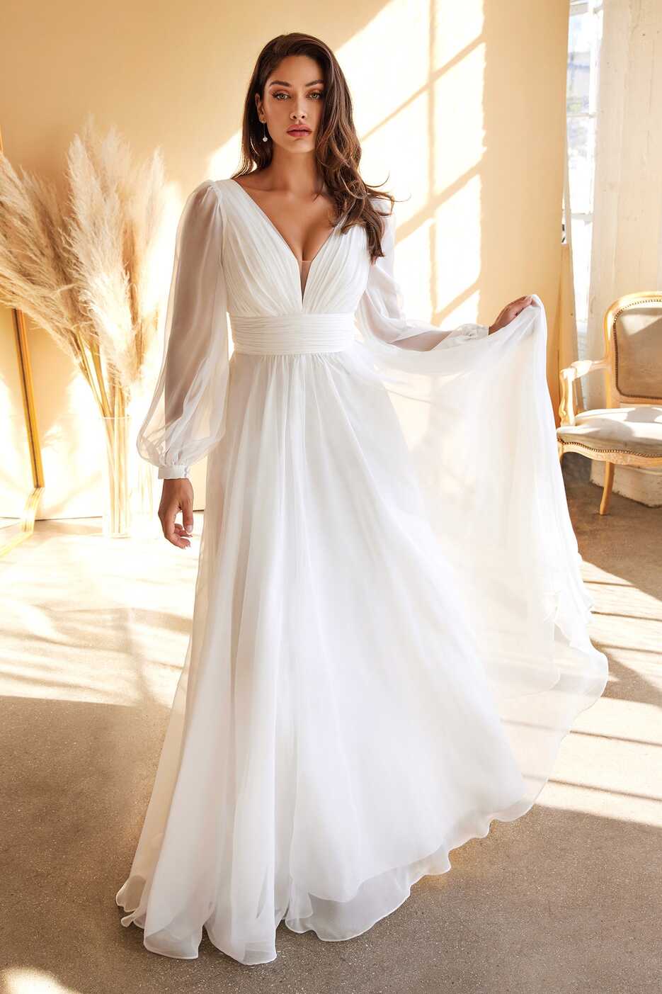 White Long Sleeve Chiffon Gown by Cinderella Divine CD0192W – ABC ...