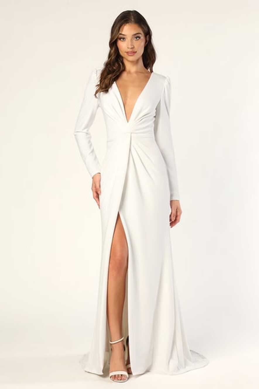 White Long Sleeve Dress - Mermaid Maxi Dress - V-Neck Dress - Lulus