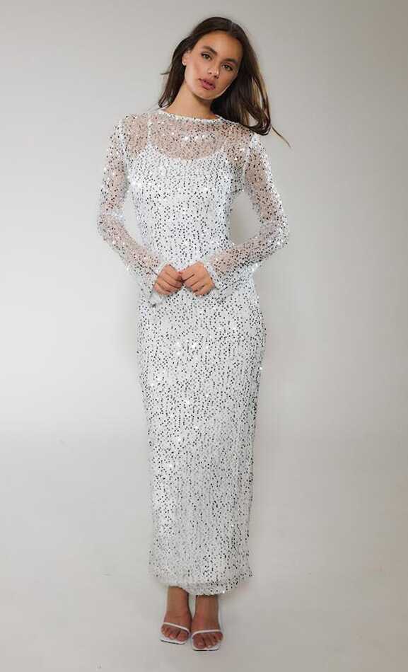 White Long Sleeve Sequin Maxi Dress – Rare London