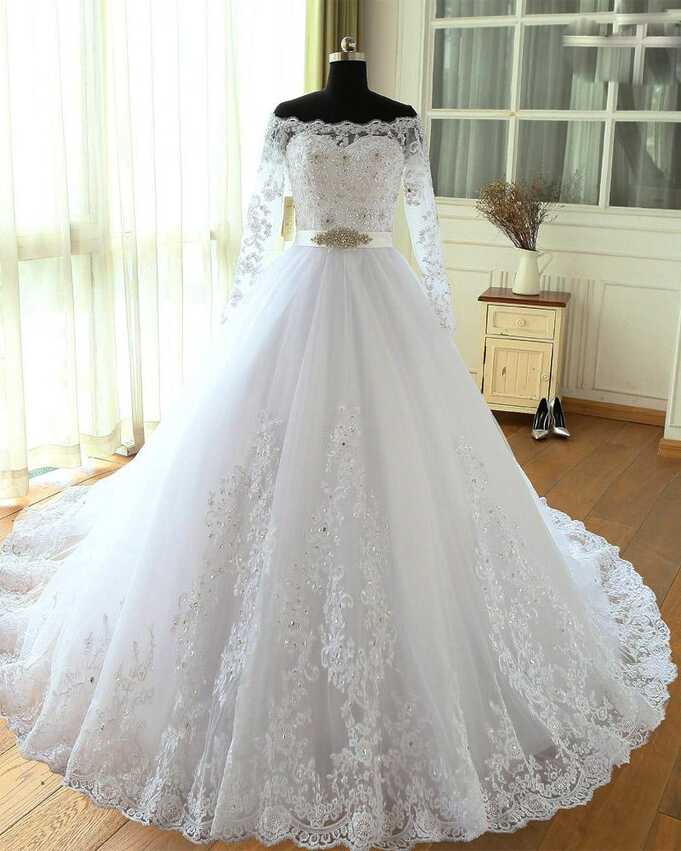 White Long Sleeves Tulle And Lace Elegant Wedding Dress, Beautiful ...